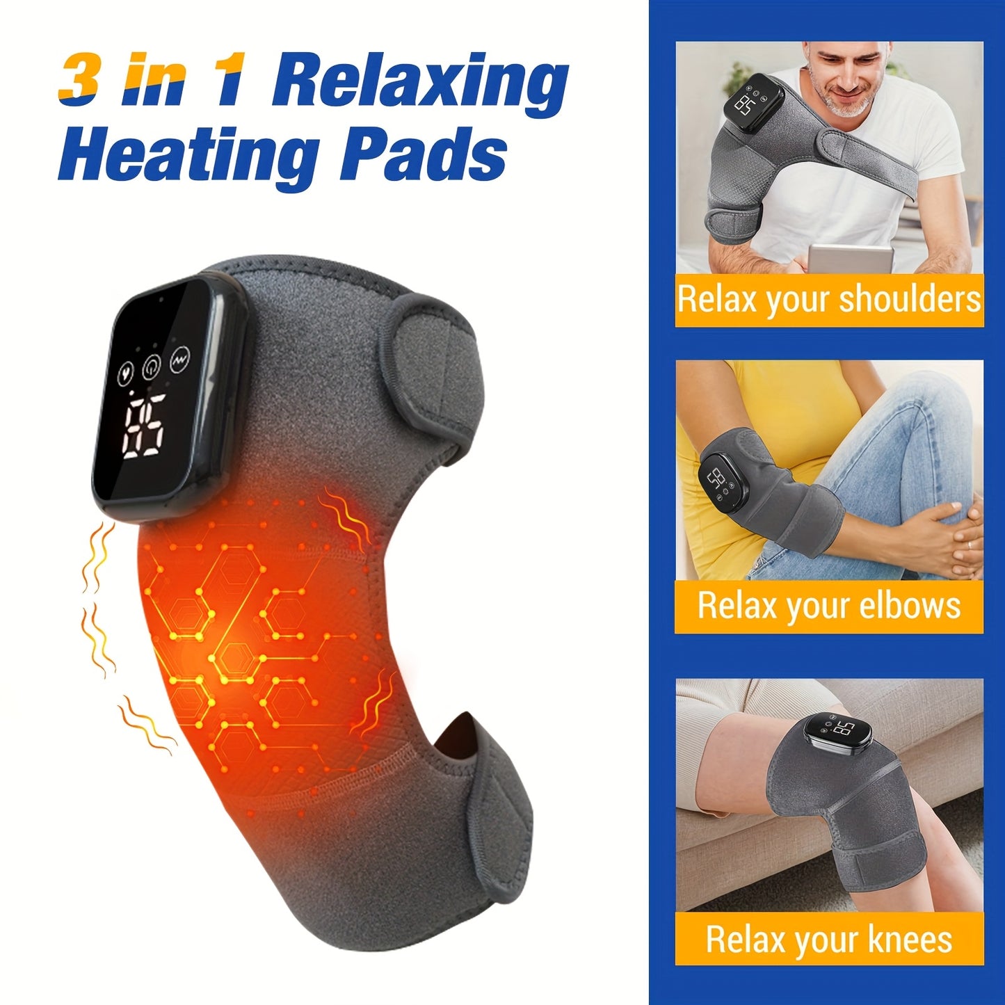 Wireless 3-in-1 heating vibrator massager for knee joints, elbows, shoulders. USB rechargeable with 3-level heating. Ideal gift for elderly.