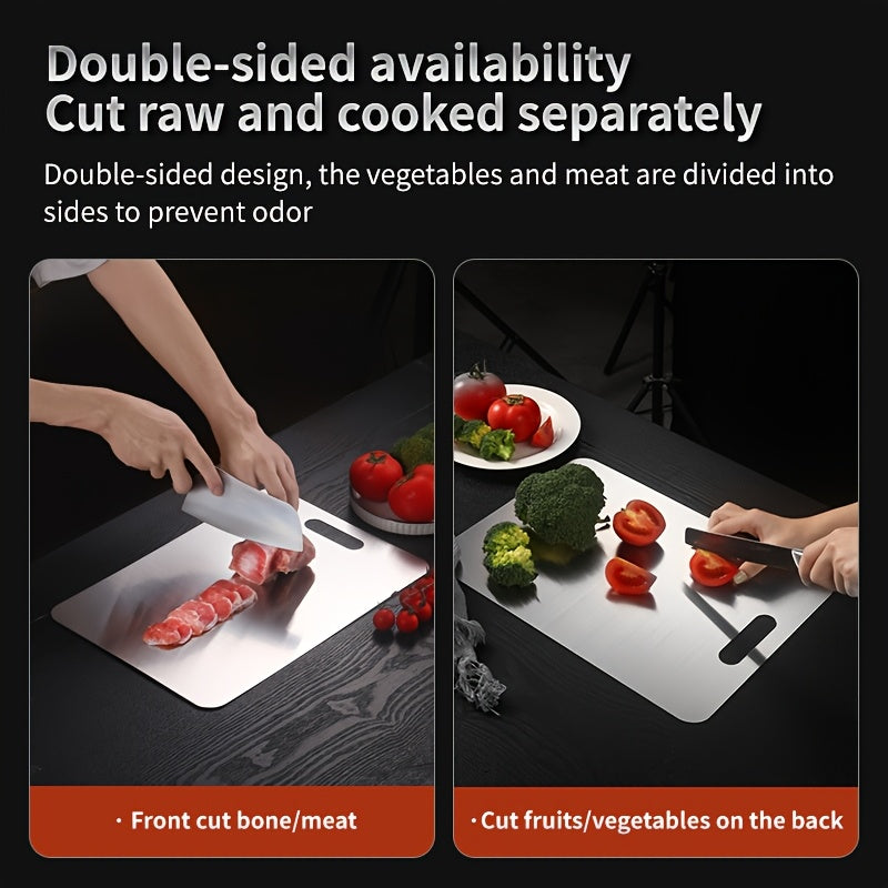 Durable Stainless Steel Cutting Board, with double-sided design, measuring 22.99 x 34.04 cm. This metal cutting board is food-safe, easy to clean, and suitable for cutting meat, vegetables, and fruits.