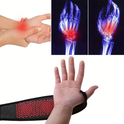 Magnetic wrist support brace with washable cloth wristband for pain relief and relaxation.