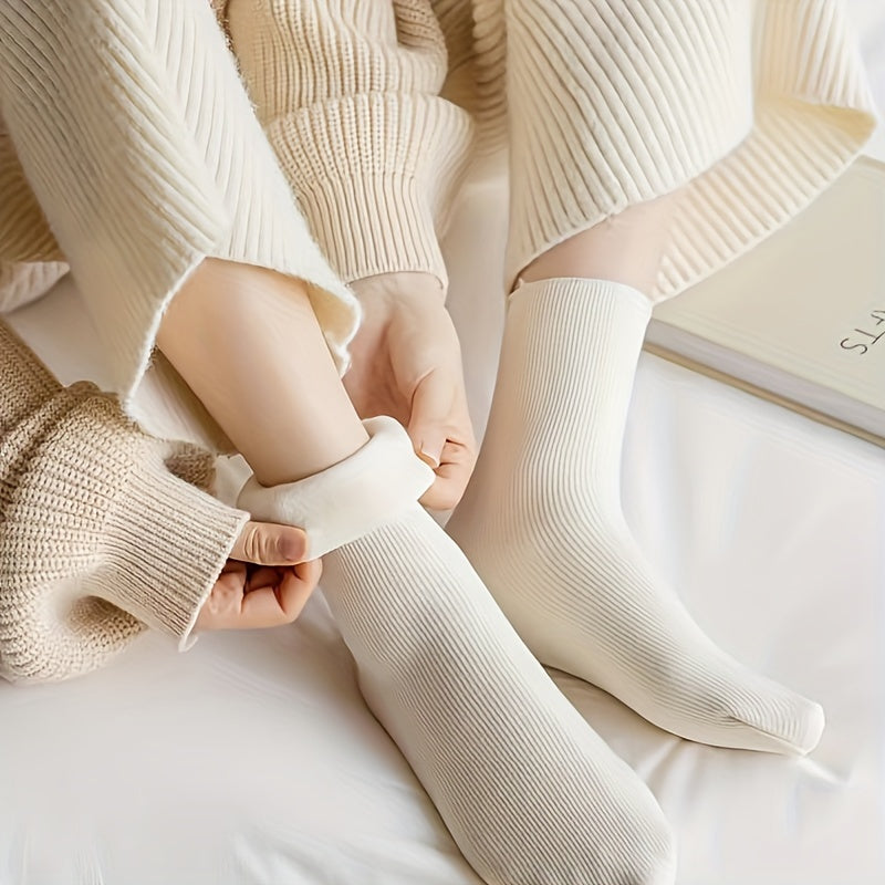 5 pairs of cozy mid-calf socks with thick fluffy vertical stripes for women in earthy tones.