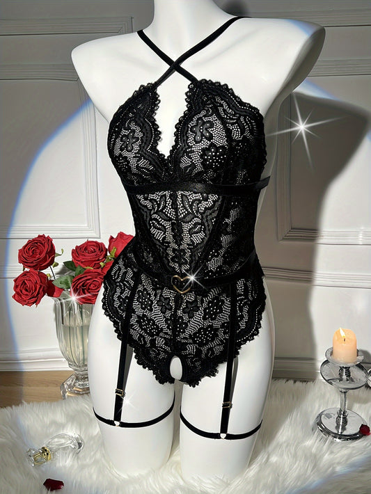 2-piece flower lace crotchless underwear set with love heart backless body suit and garter belt for women.