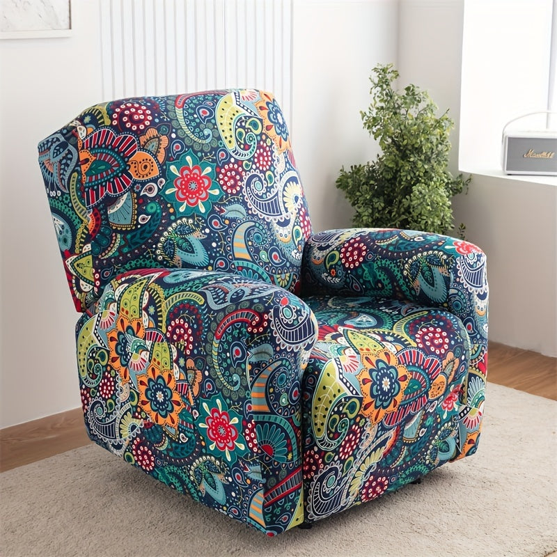 Boho recliner chair cover with pocket, non-slip, machine washable, blue color, made of polyester and spandex.