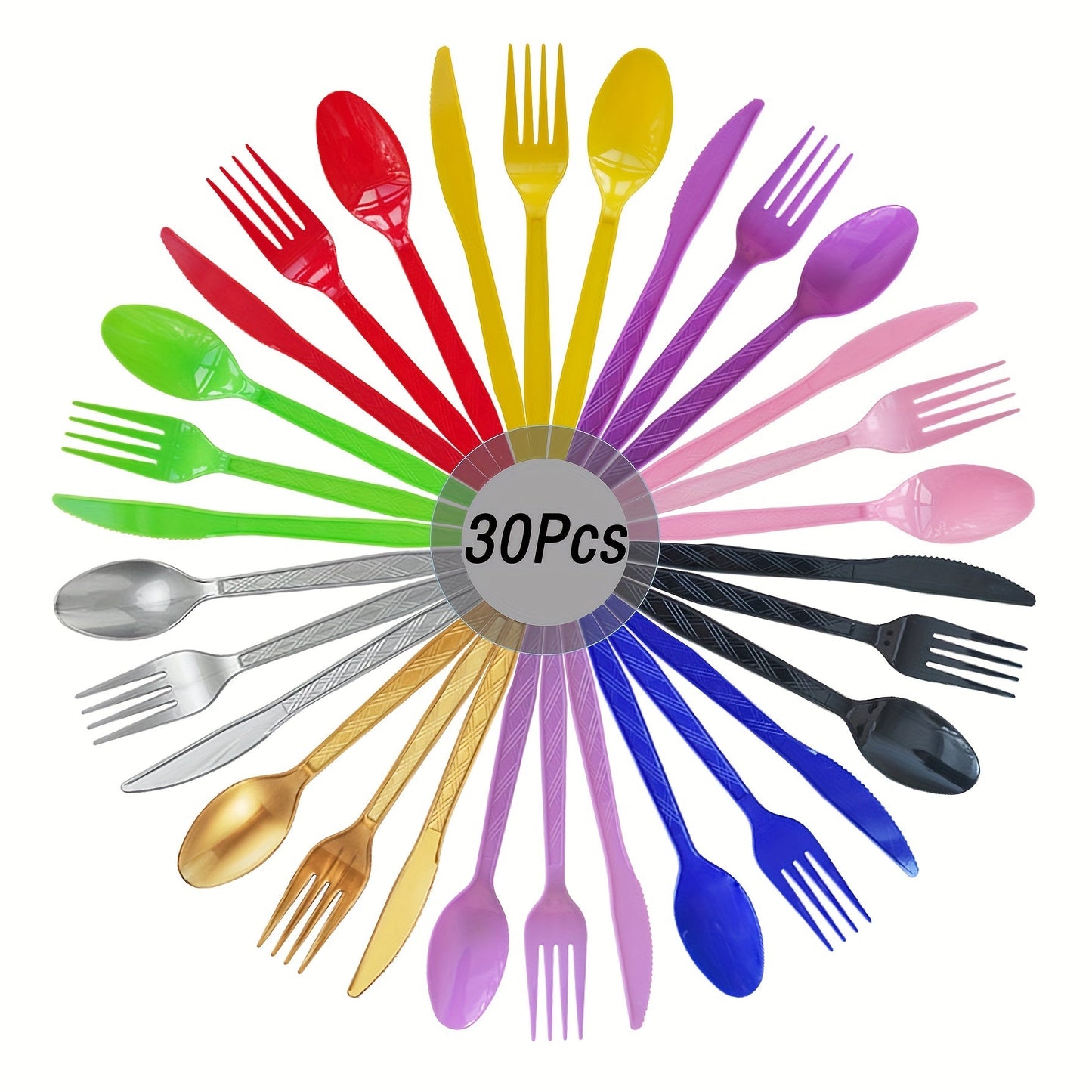 Set of 3 colored disposable plastic tableware pieces for weddings, birthday parties, and cake servings. Includes knives, forks, and spoons (30 pieces total).