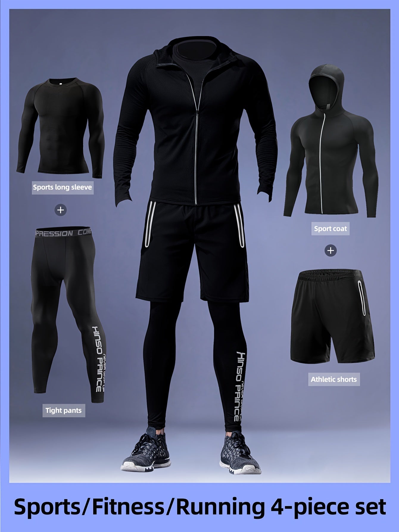 Men's Athletic set includes a quick-dry, stretchy hoodie, shorts, and leggings ideal for running, basketball training, and outdoor activities.