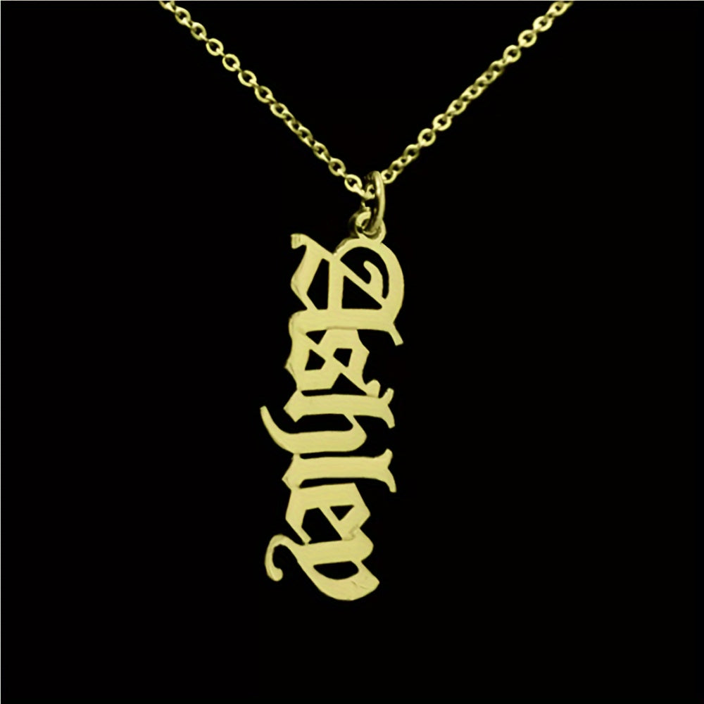 Handcrafted Old English Name Pendant Necklace in Gothic Style, Made of 18K Golden Plated Stainless Steel. This Elegant Unisex Jewelry Piece is Perfect for Graduation, Birthday, Anniversary, Wedding, Christmas, Halloween, or Valentine's Day. A Thoughtful