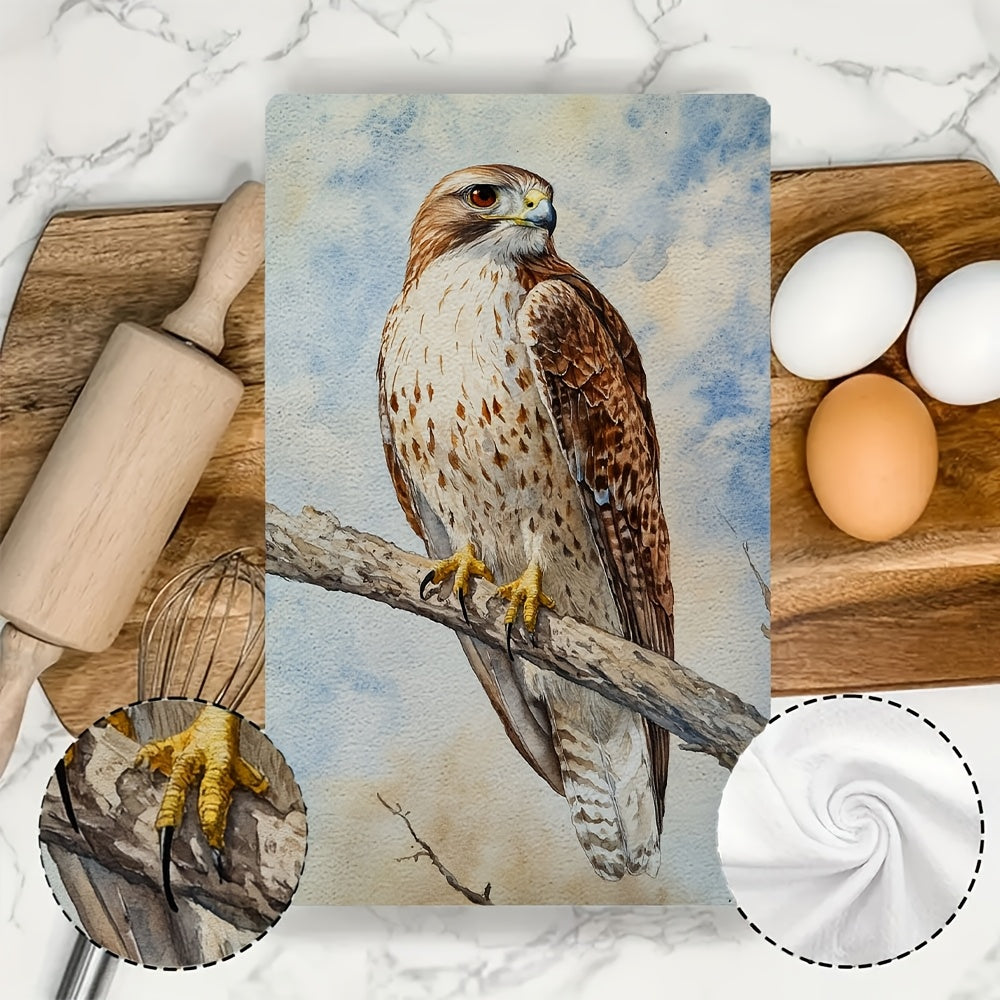 Two pieces of ultra-soft kitchen towels featuring a hawk perched on a branch design. These highly absorbent towels are machine washable and perfect for drying dishes or hands. Add a touch of contemporary coastal decor to your kitchen with these towels