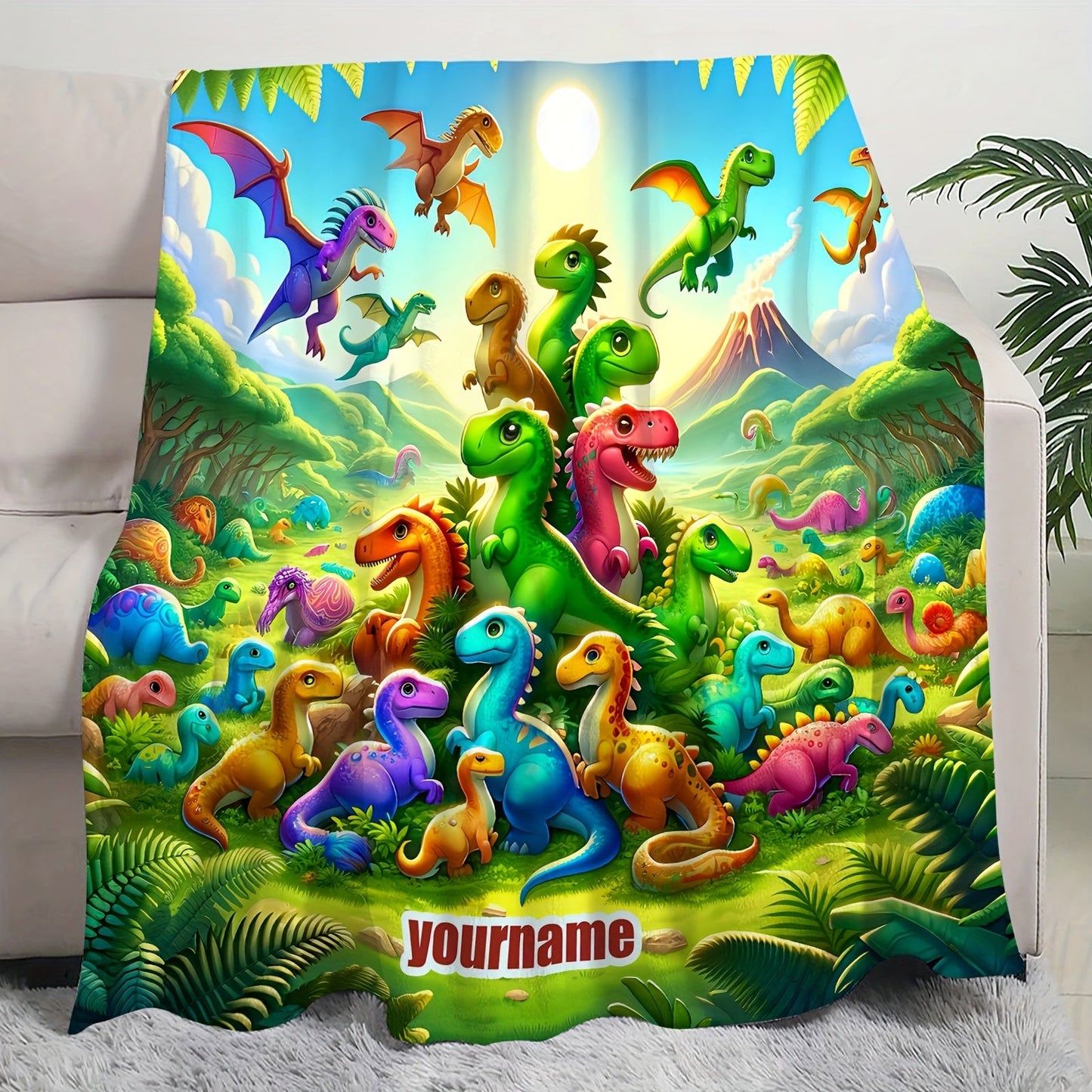 This customizable flannel fleece blanket features a dinosaur world print, making it the perfect addition to your home decor. With its comfortable and skin-friendly material, this blanket is suitable for all seasons. The contemporary style and digital