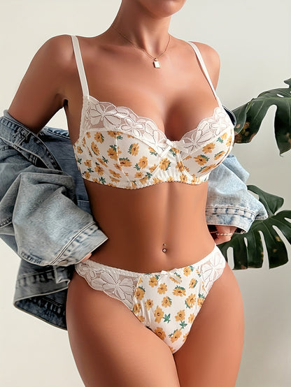 Stylish lace-trimmed bra and panty set for women in a comfortable, non-transparent polyester blend with a random print design.