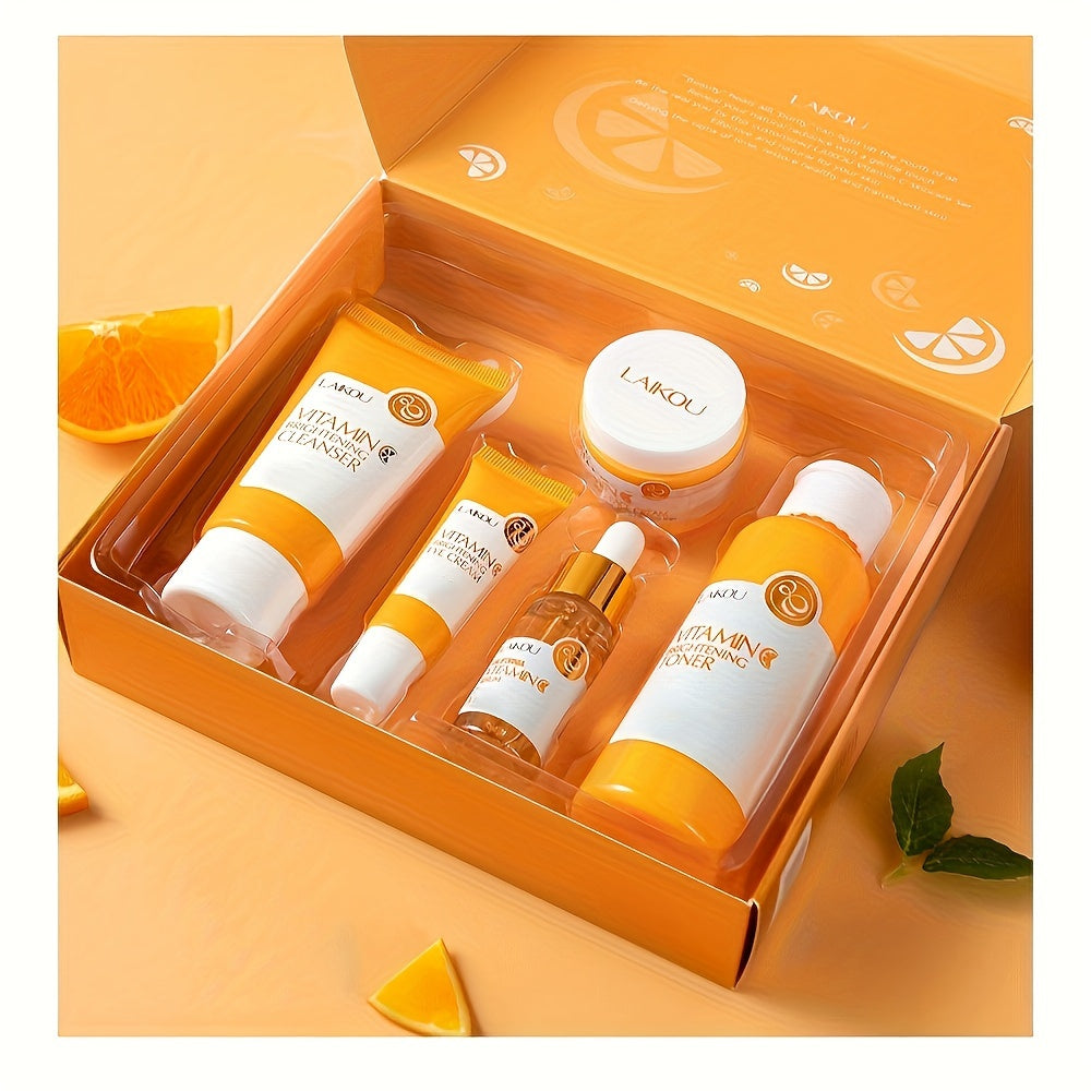 LAIKOU Vitamin C Skincare Set includes 5 items: a facial cleanser, brightening toner, essence, eye cream, and cream.