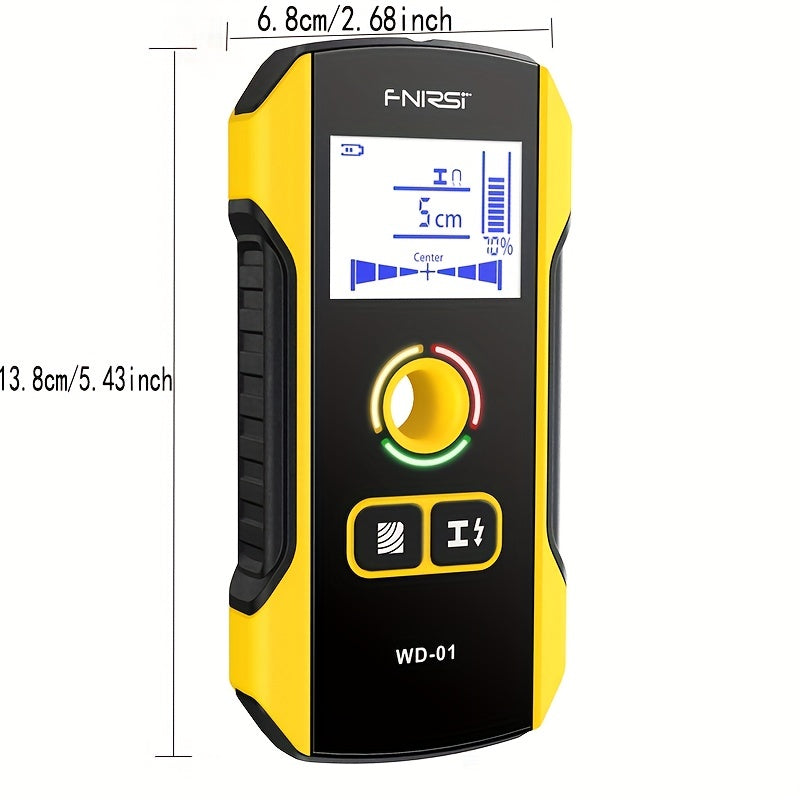 FNIRSI WD-01 Devor Detektori Skanneri LED Raqamli Ko'rsatkich va USB Zaryadlash bilan. Qurilish uchun 0.1 O'lchov Aniqligi. AC Jonli Kabel Simlarini va Metall/Derev Studlarni Aniqlaydi. Qora ABS materialidan yasalgan.