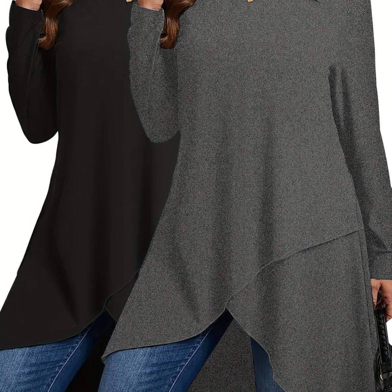 2 Solid Color Long Sleeve T-shirts, Polyester Tops with Crew Neck and Slight Stretch for Women's Spring/Summer/Fall attire.