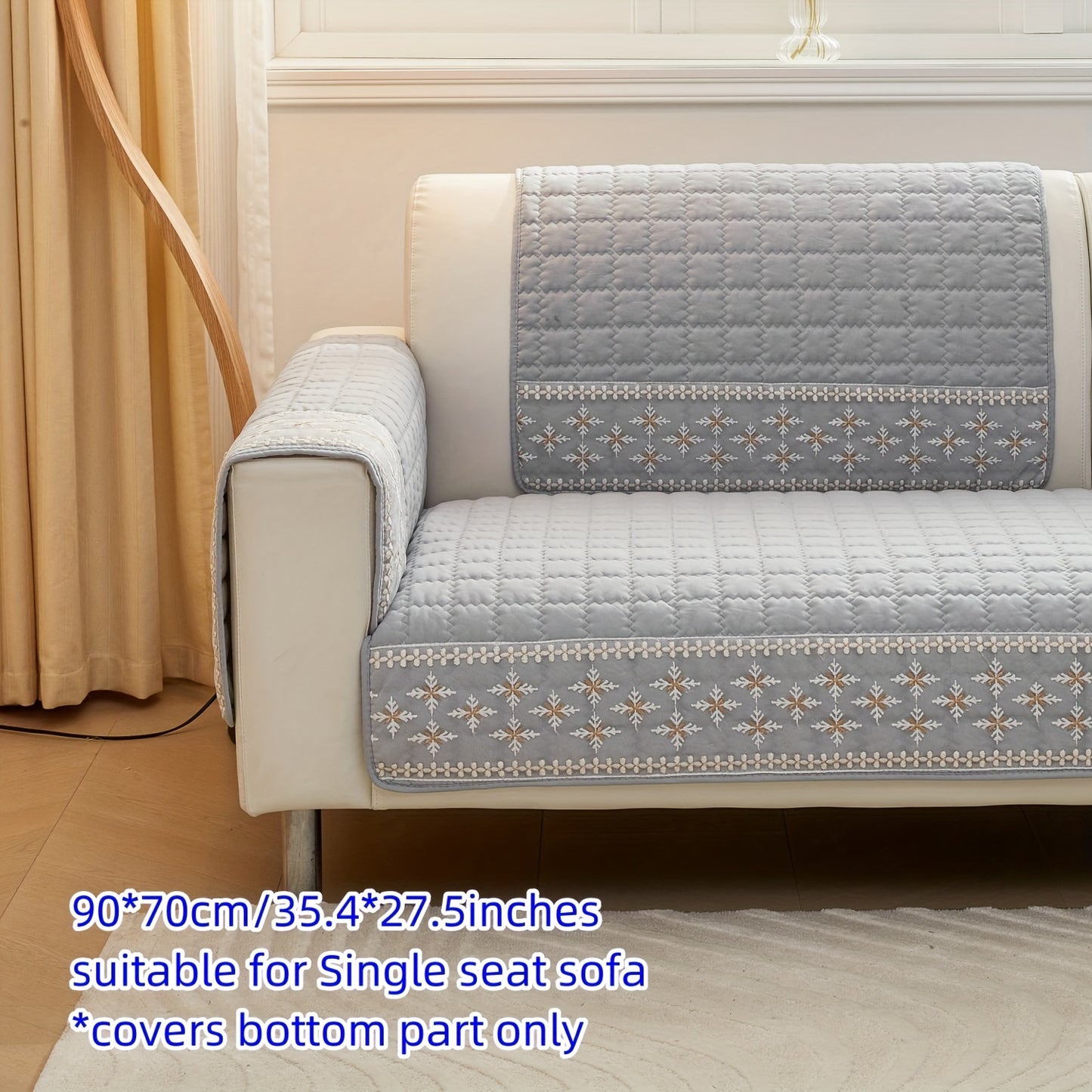 Gray velvet waffle sofa cover with lace detailing, non-slip and pet-friendly. Fits 1-4 seater sofas, machine washable.