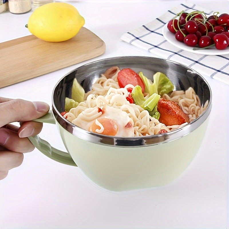 Durable stainless steel noodle bowl with lid and handle, ideal for rice, soup, and instant noodles, rust-resistant.