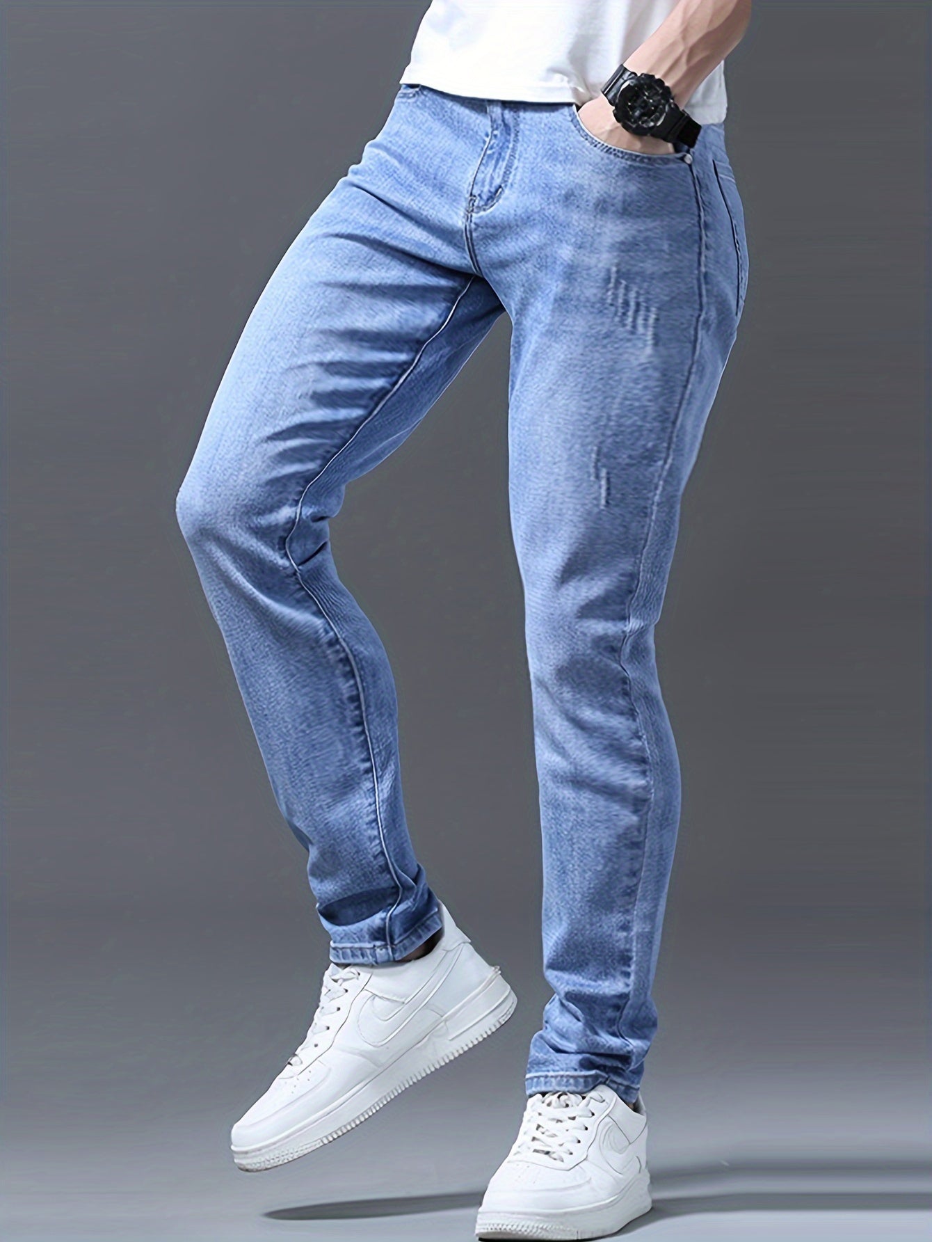 Men's Slim-Fit Stretch Denim Jeans - Light Blue, All-Season Versatility