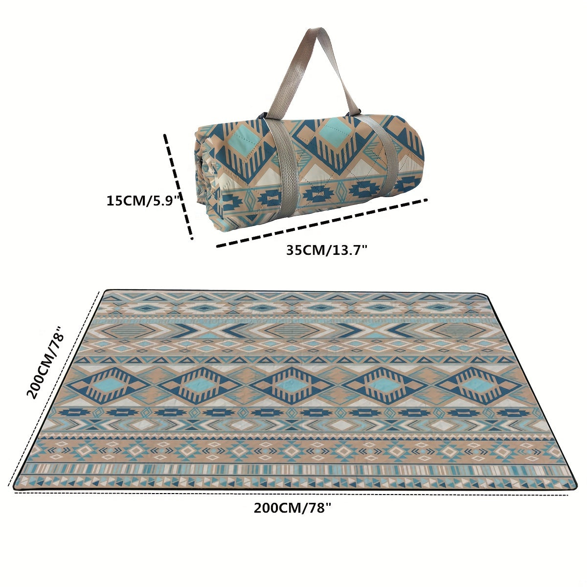 198.12cm x 198.12cm waterproof picnic and beach blanket made with durable 210D Oxford fabric. Tear-resistant, sand-free, and machine washable. Features a vibrant geometric pattern in blue