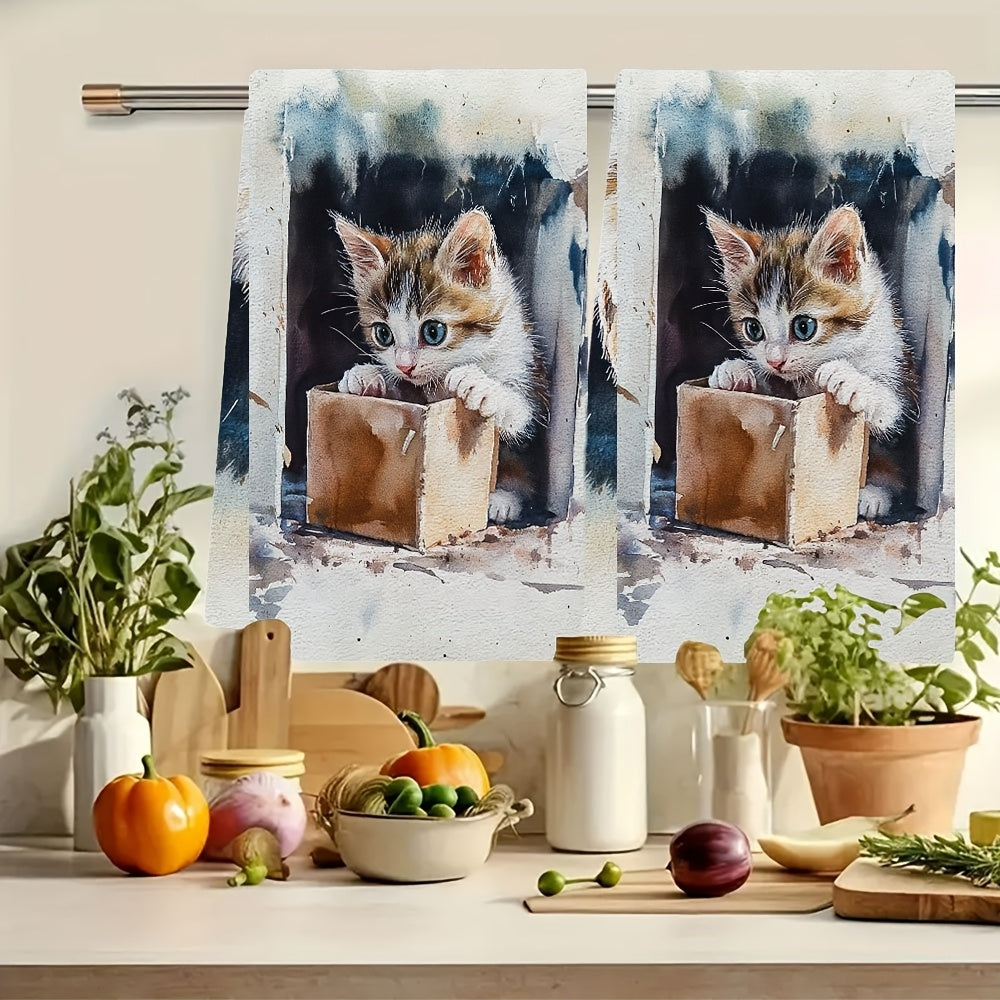 Description: Enhance your kitchen decor with this set of 2 ultra soft kitchen towels featuring an adorable kitten in a box design. These towels are highly absorbent and machine washable, making them perfect for everyday use. The contemporary coastal