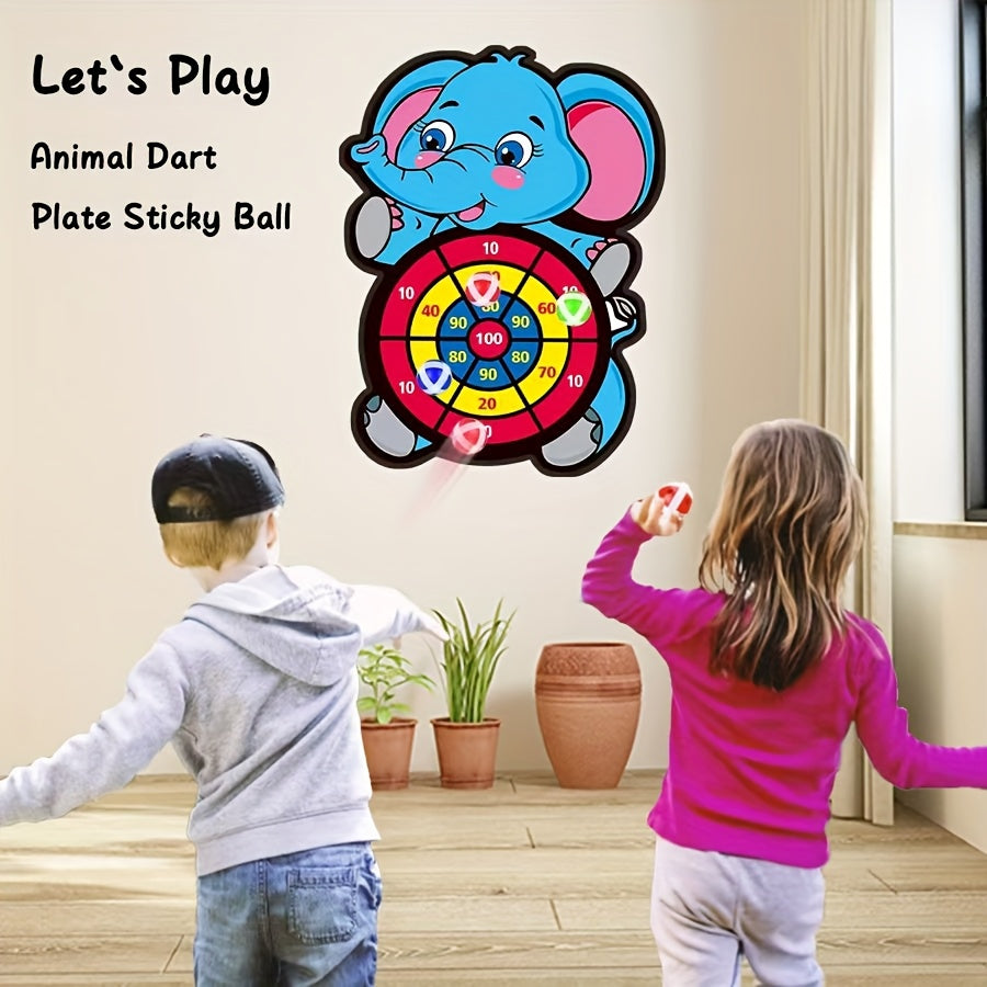 Elephant-shaped sticky dart board game set for ages 3+, includes hook and 3 sticky balls. Perfect family interactive play and birthday gift in polyester material, blue and purple.