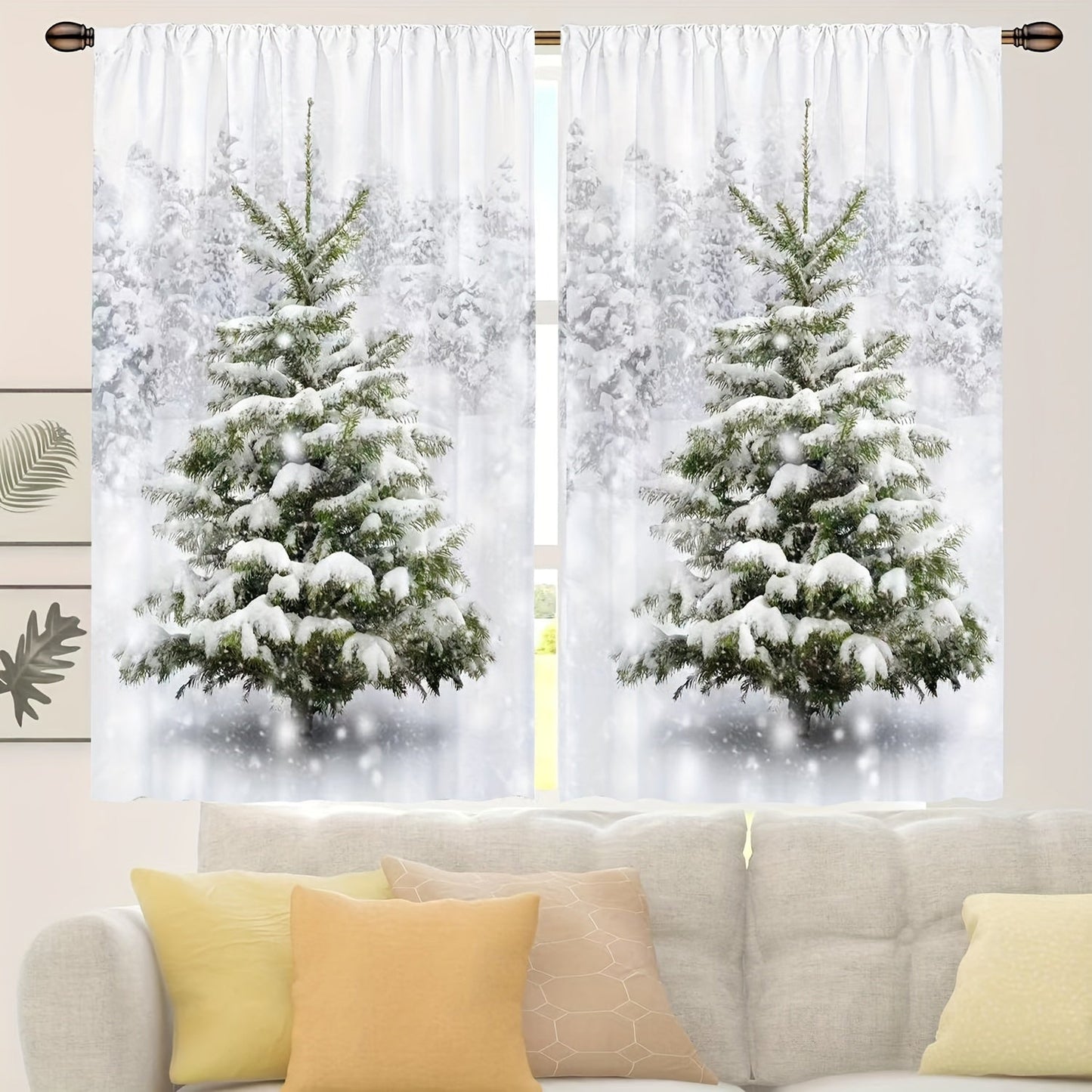 Set of 2 Christmas Green Cafe Curtain Tiers with Pine Tree and White Snow Design, Washable Polyester Material, Soft Curtains for Living Room, Office, Kitchen, and Home Decor