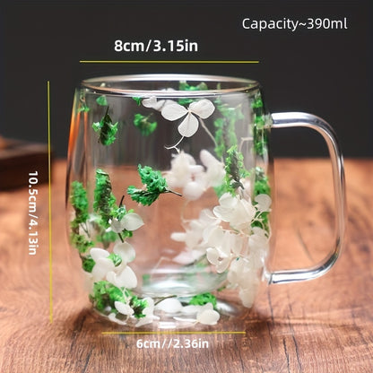 Double-layered glass coffee cup with flower design, suitable for office and home use, reusable.