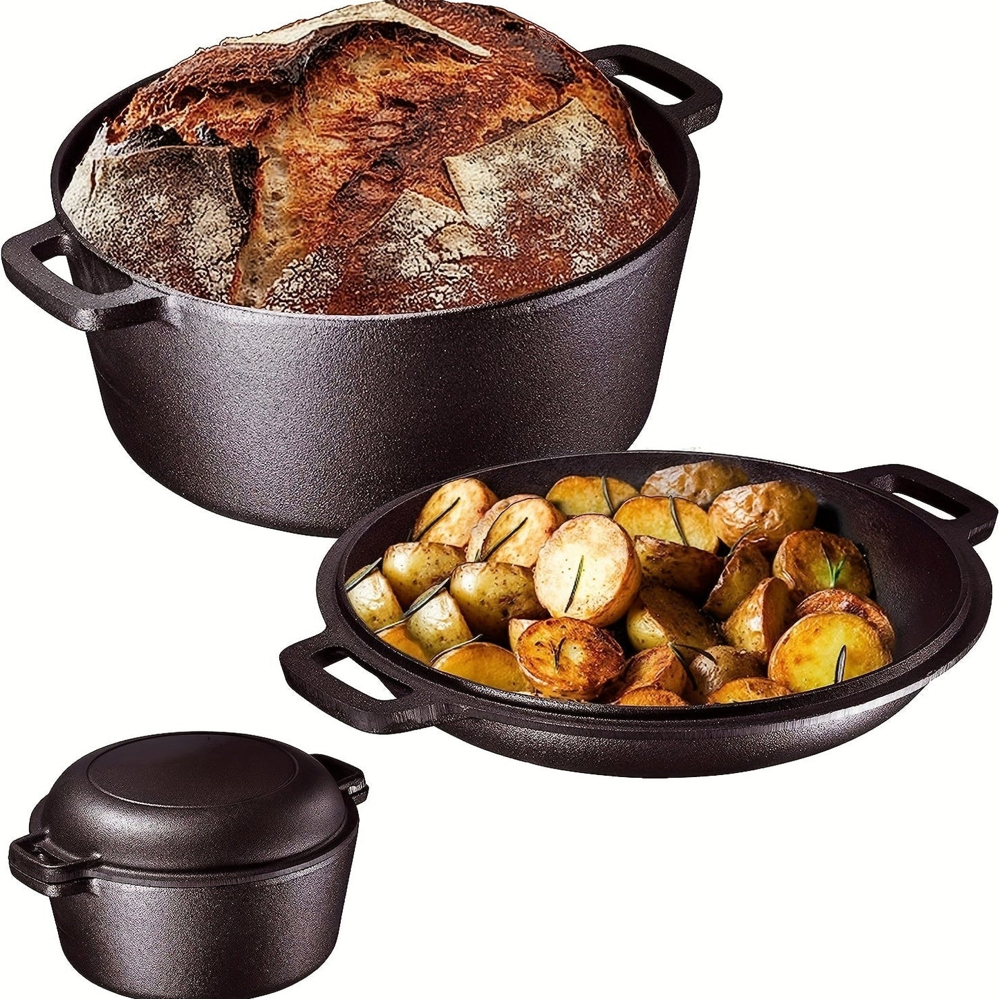 Get the ultimate 2-in-1 cooking versatility with this combo set featuring a high-quality cast iron Dutch oven and frying pan. The frying pan doubles as a lid to cover the Dutch oven, making it perfect for a variety of cooking methods including induction