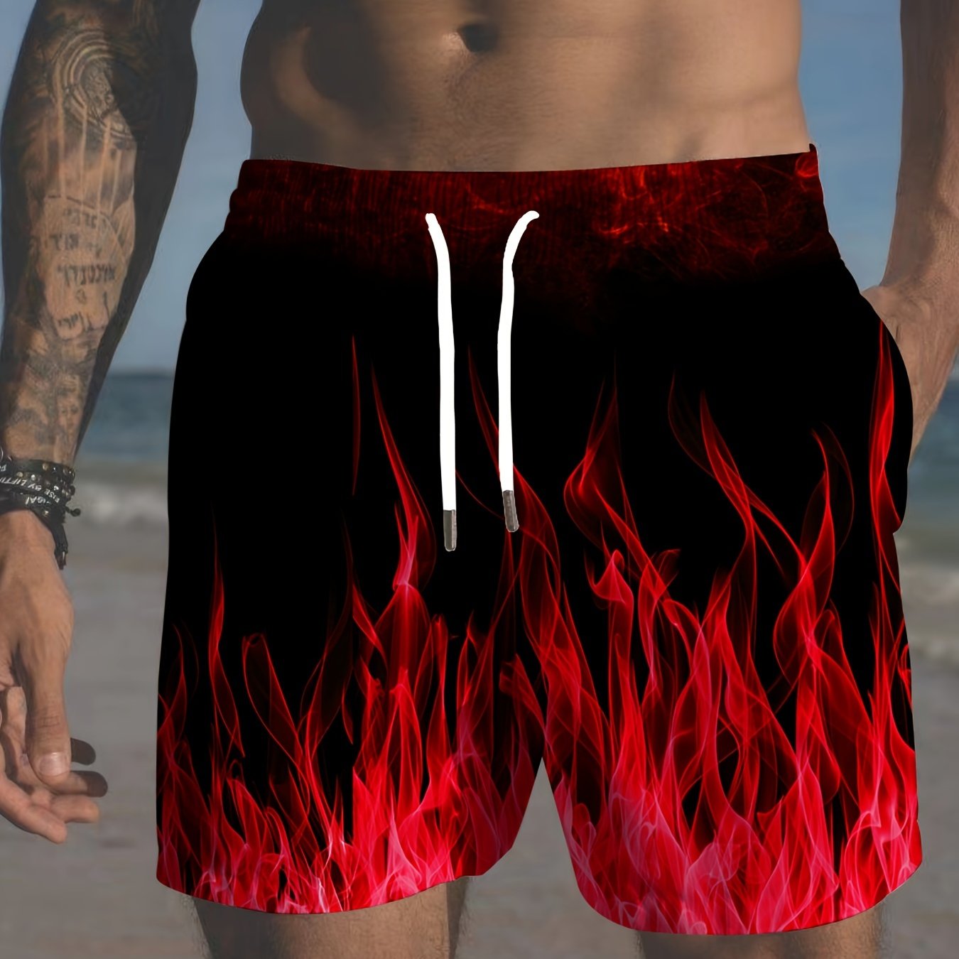 Men's plus size gradient flame print beach shorts with drawstring waistband, perfect for summer.