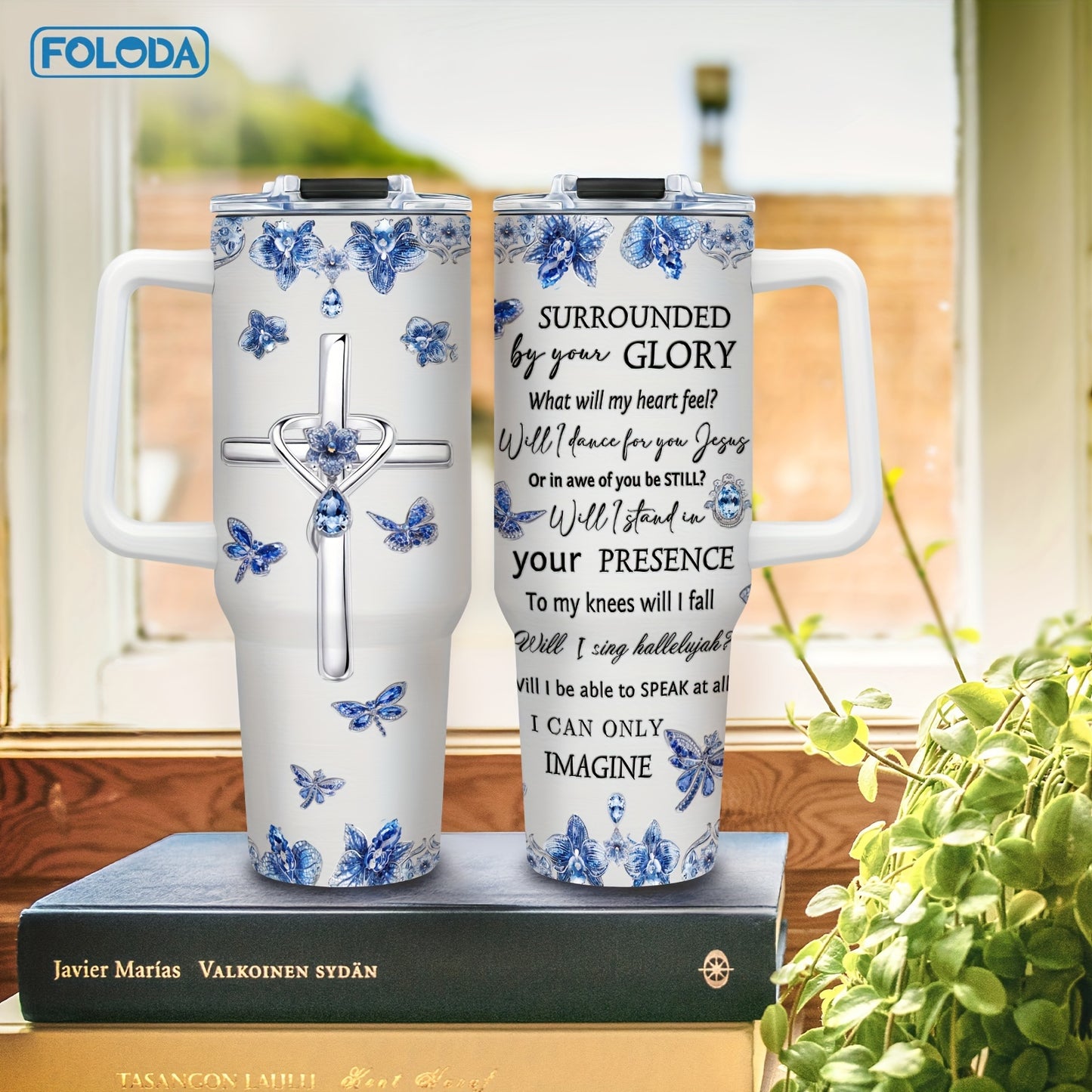 Foloda 40oz insulated stainless steel coffee mug with handle, lid, and straw, featuring leakproof design and inspirational Christian faith jewelry. Great for gifting on various occasions.