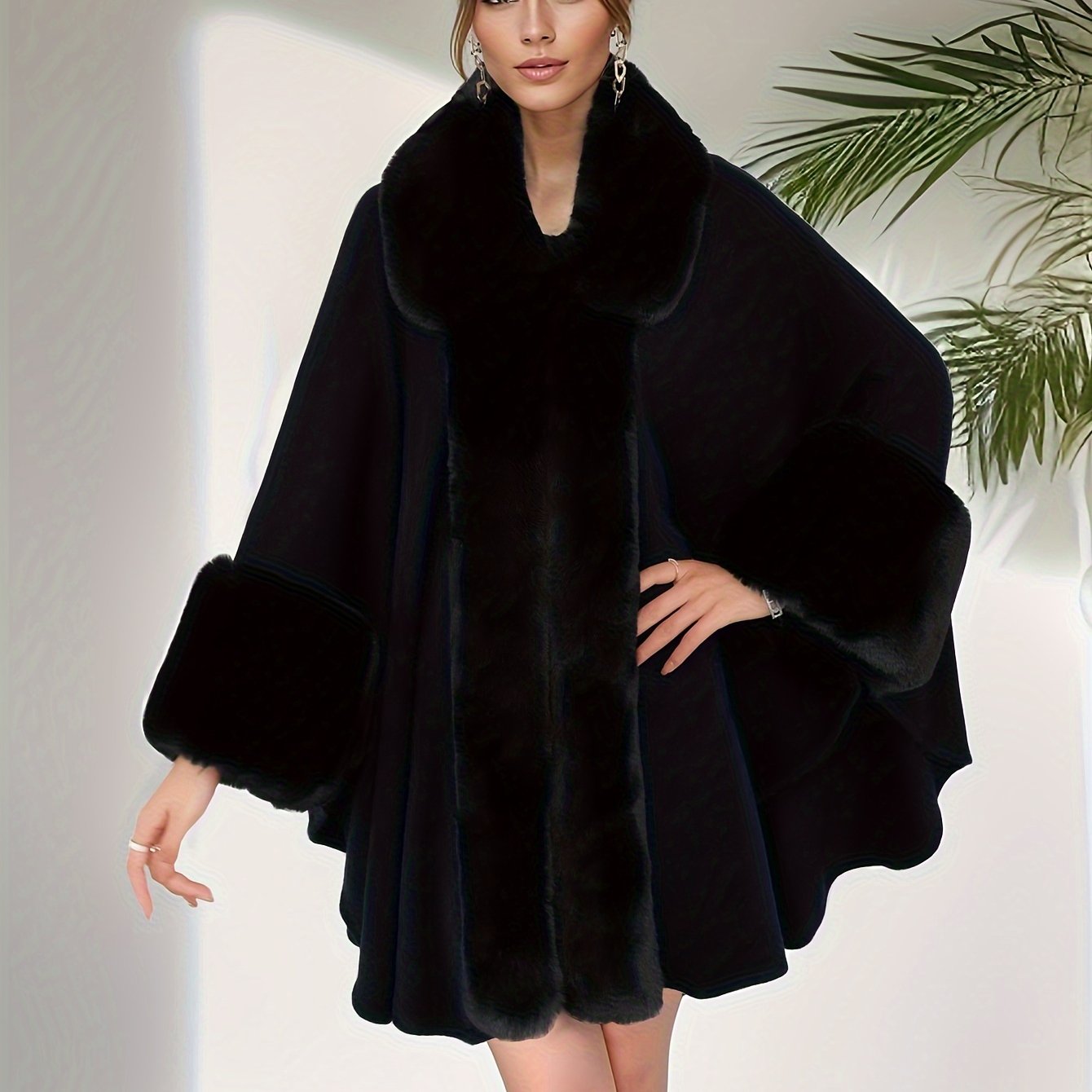 Women's Plus Size Fuzzy Trim Open Front Coat with Casual Collared Long Sleeve Cape Outerwear for Fall & Winter