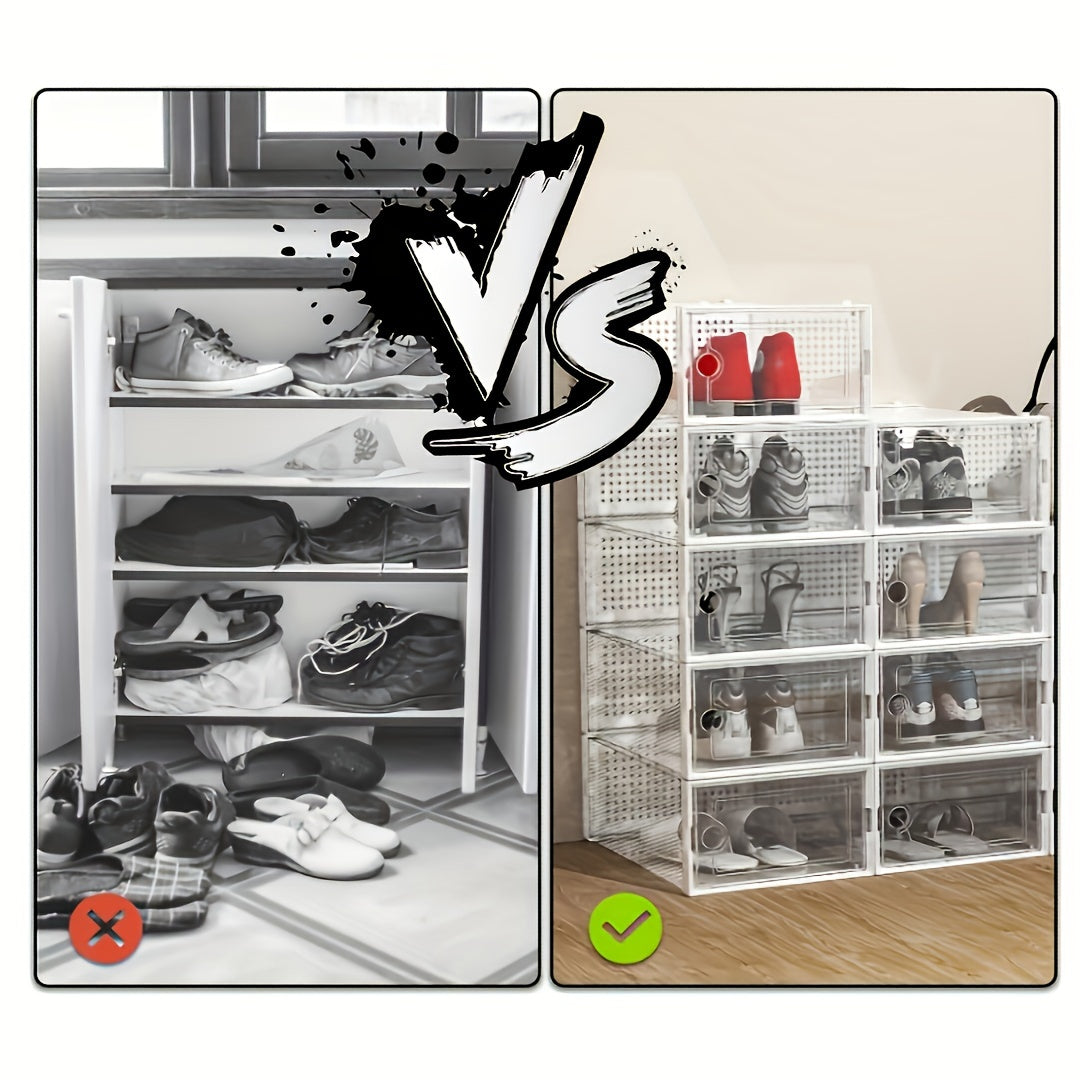 12/6 pieces of black transparent XL plastic shoe storage boxes with lids. These square shoe organizer cabinets are waterproof, multi-purpose, and have a flip-top lid design. Perfect for home and kitchen storage drawers.