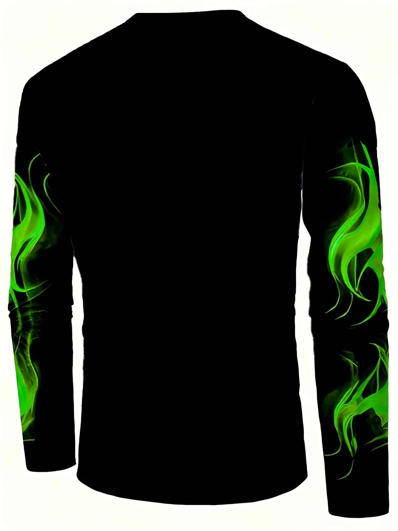 Men's slim fit long sleeve crew neck t-shirt with green eye and flame design, made of polyester knit with slight stretch and featuring animal pattern graphic tee.