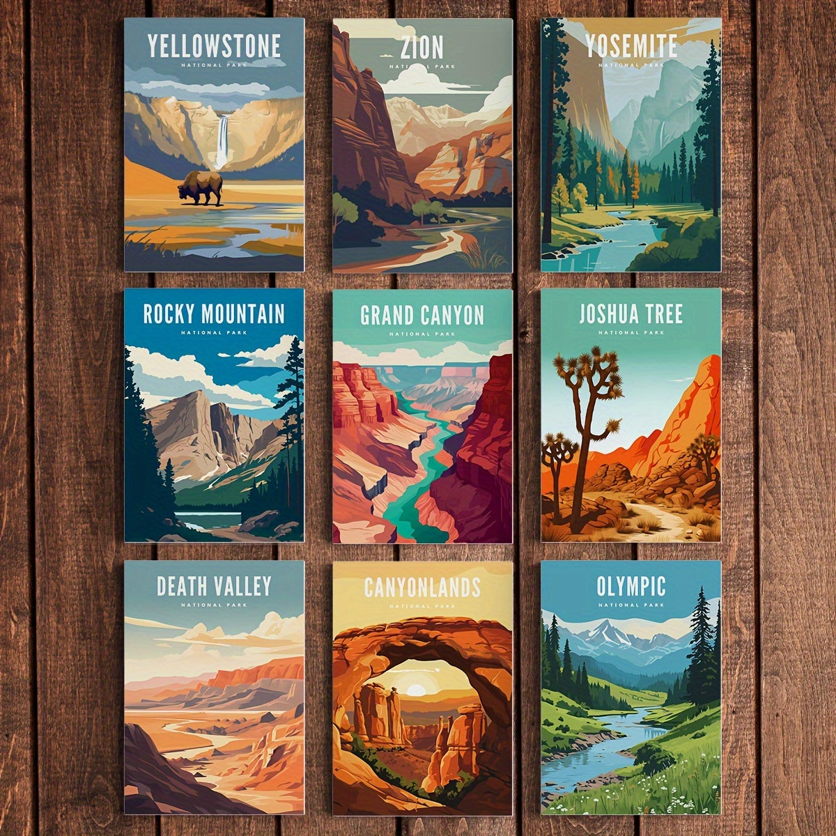 Set of 9 Large Size Modern Art Design Illustration Style Posters featuring Famous National Parks Landscapes. Frames not included. Perfect Gifts for Room Decor, Living Room, and Bedroom. Available in A3, A4, and A5 sizes.