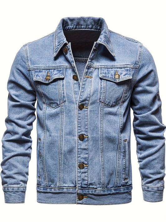 Men's stylish denim jacket with lapel and multiple pockets.