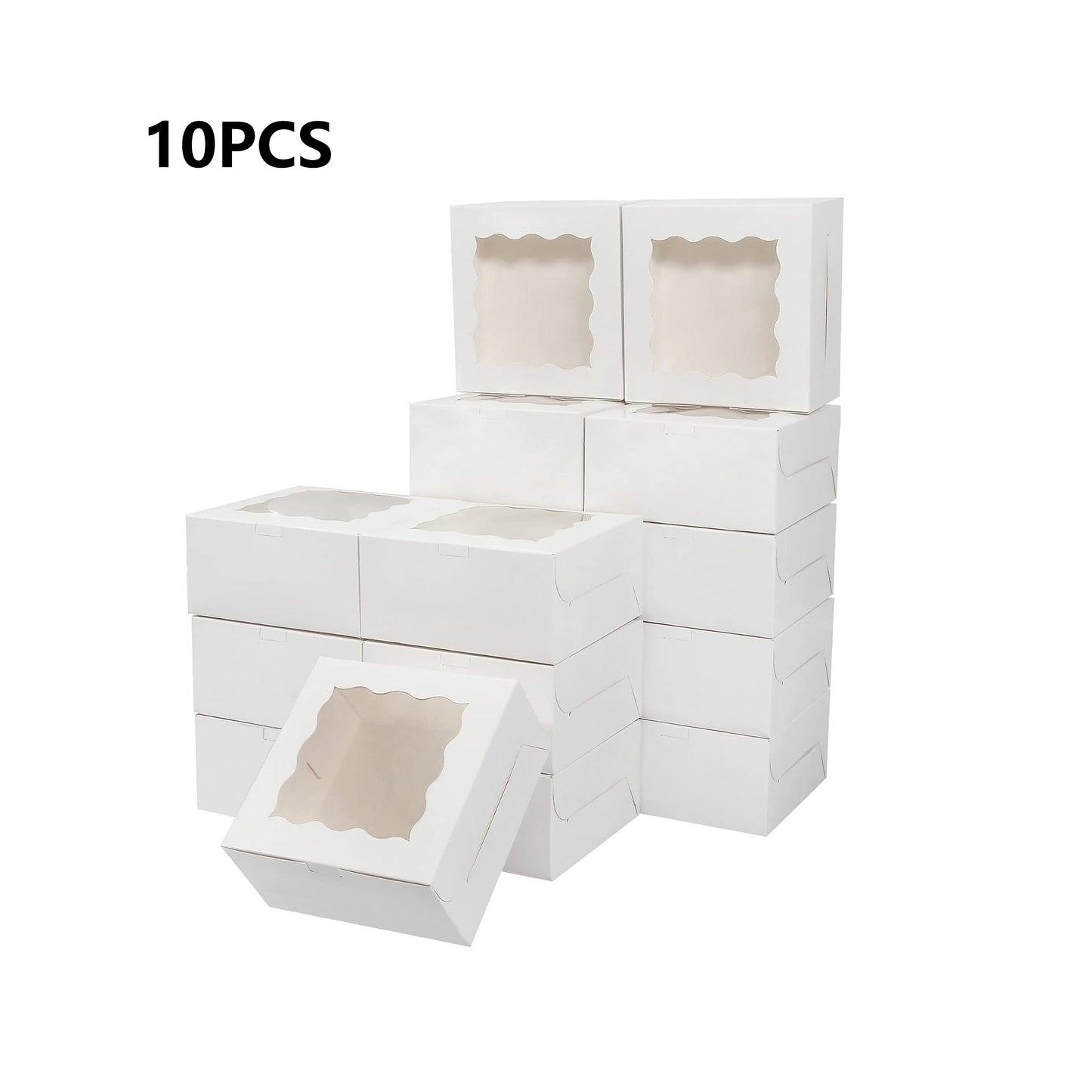 10/25 pieces of cake boxes with a clear window, measuring 15.24x15.24x6.35 cm. These white bakery boxes are perfect for cakes, pastries, chocolates, biscuits, pie, birthday parties, weddings, Valentine's Day, homemade desserts, and baking packaging