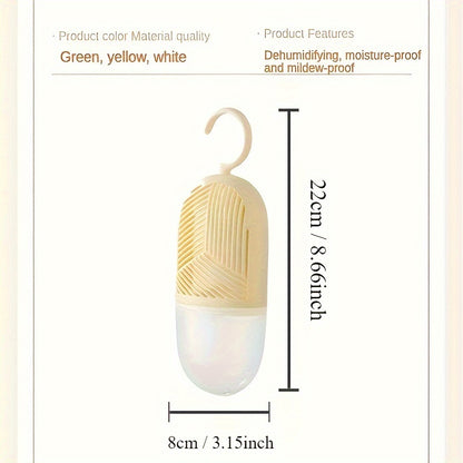 Non-electric, plastic moisture absorber and dehumidifier with odor eliminating hanging bag for closets, homes, and laboratories.