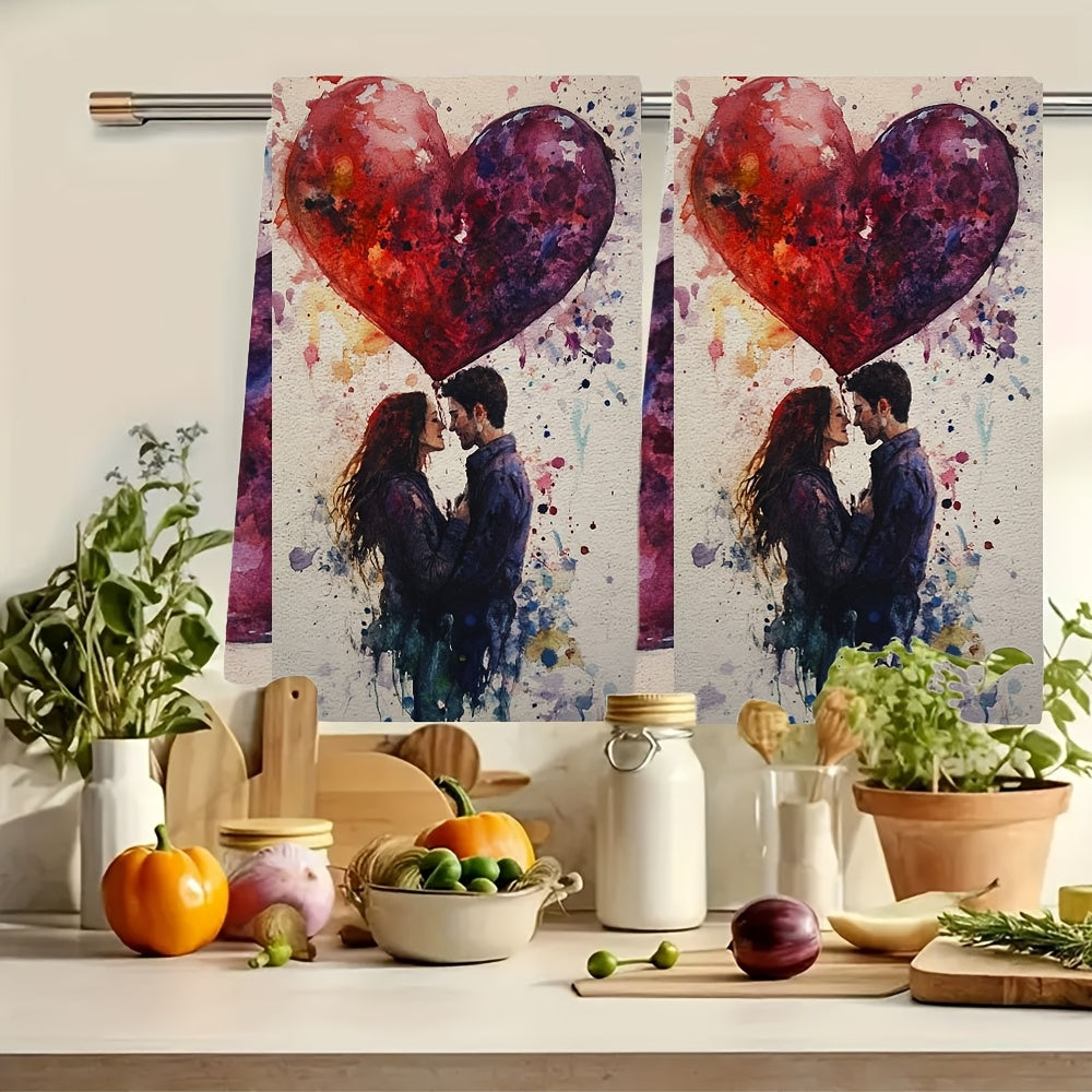 Set of 2 Romantic Heart Balloon Kitchen Towels - Made from Ultra Soft and Highly Absorbent Polyester, Machine Washable and Measures 40.64x60.96 cm - Features a Vibrant Artistic Design Perfect for Daily Use and Holiday Decoration, Dish Hand Towels