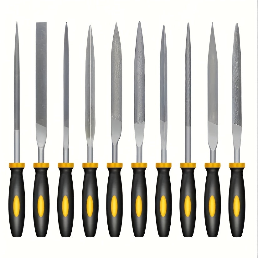 Set of 5 or 10 metal needle files made of hardened alloy steel, featuring various file shapes with durable plastic handles; no electricity or battery required.