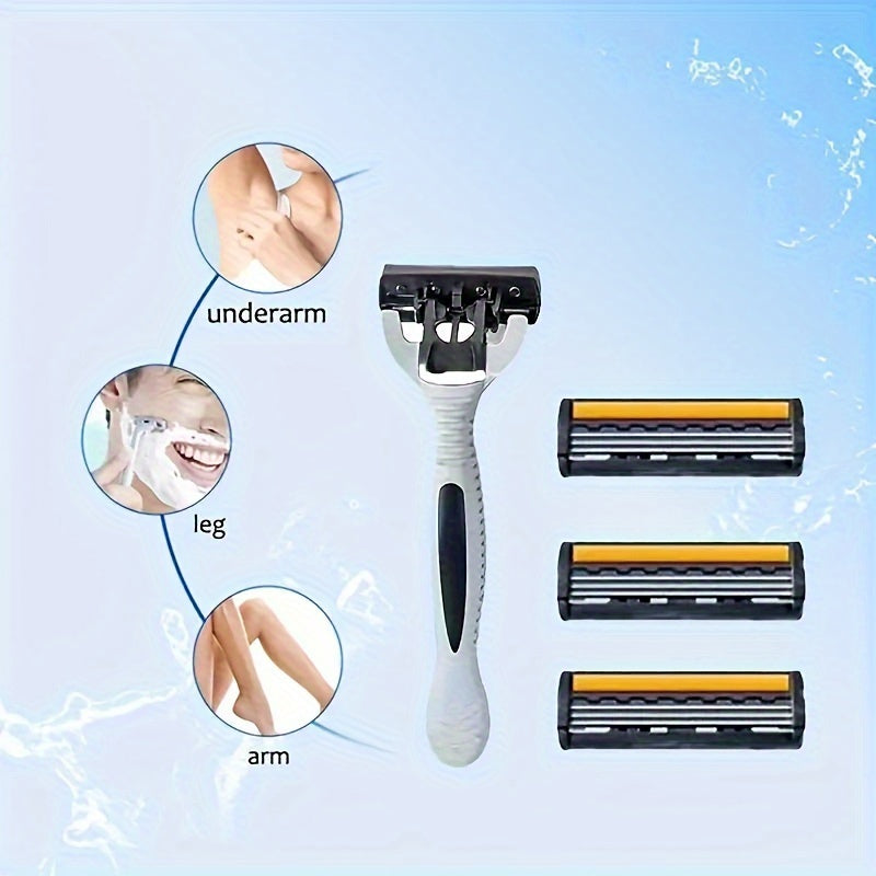 Premium 3-pack men's safety razor set with sharp 3-layer blades, ergonomic design, stainless steel head, and replaceable parts for smooth shaving on beard, mustache, underarm, and leg hair