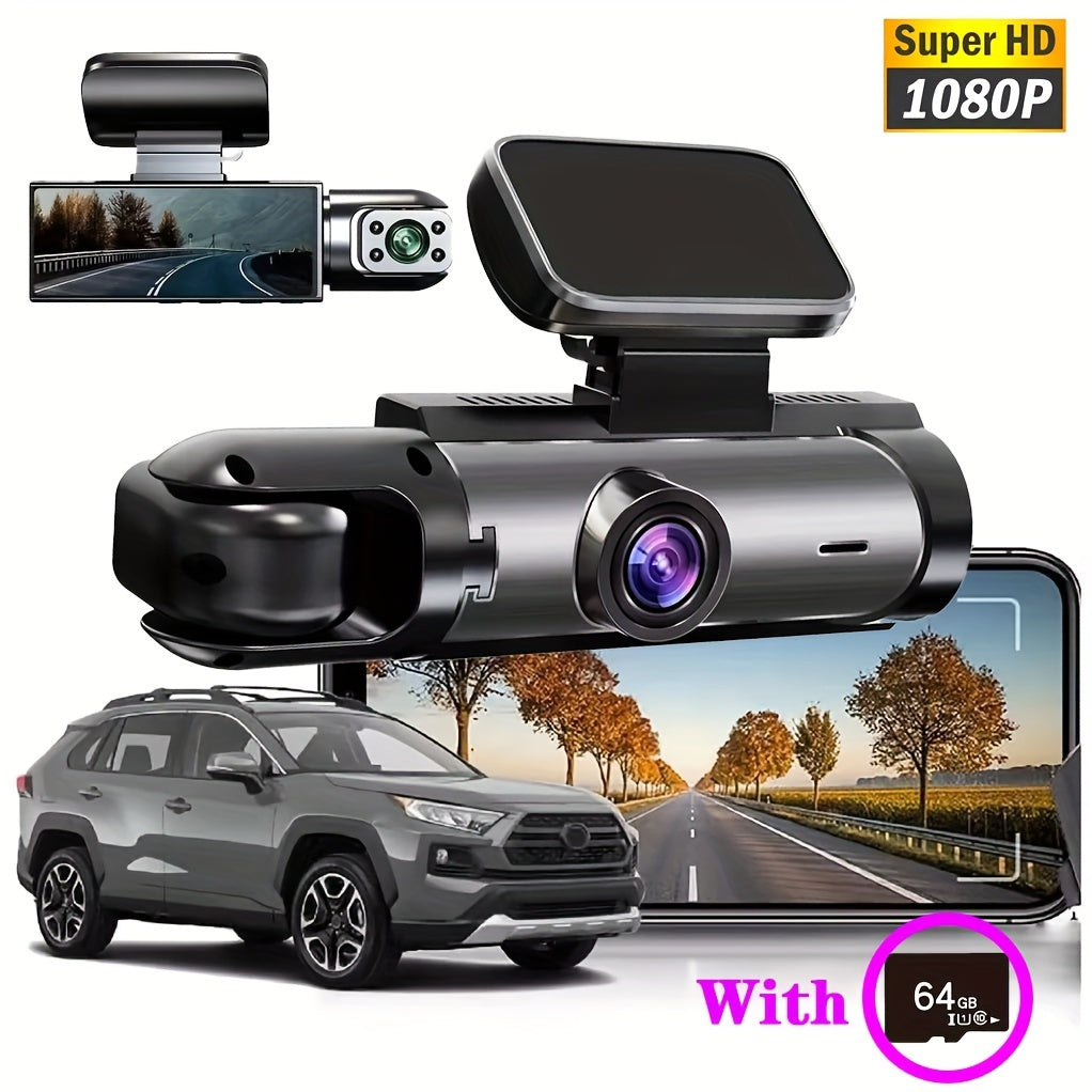 Ouyaaqii Upgraded Dual-Lens Dash Cam with 64GB Memory Card, Loop Recording, LCD Screen, HD Night Vision, Sun-Proof Case, Front & Interior Views