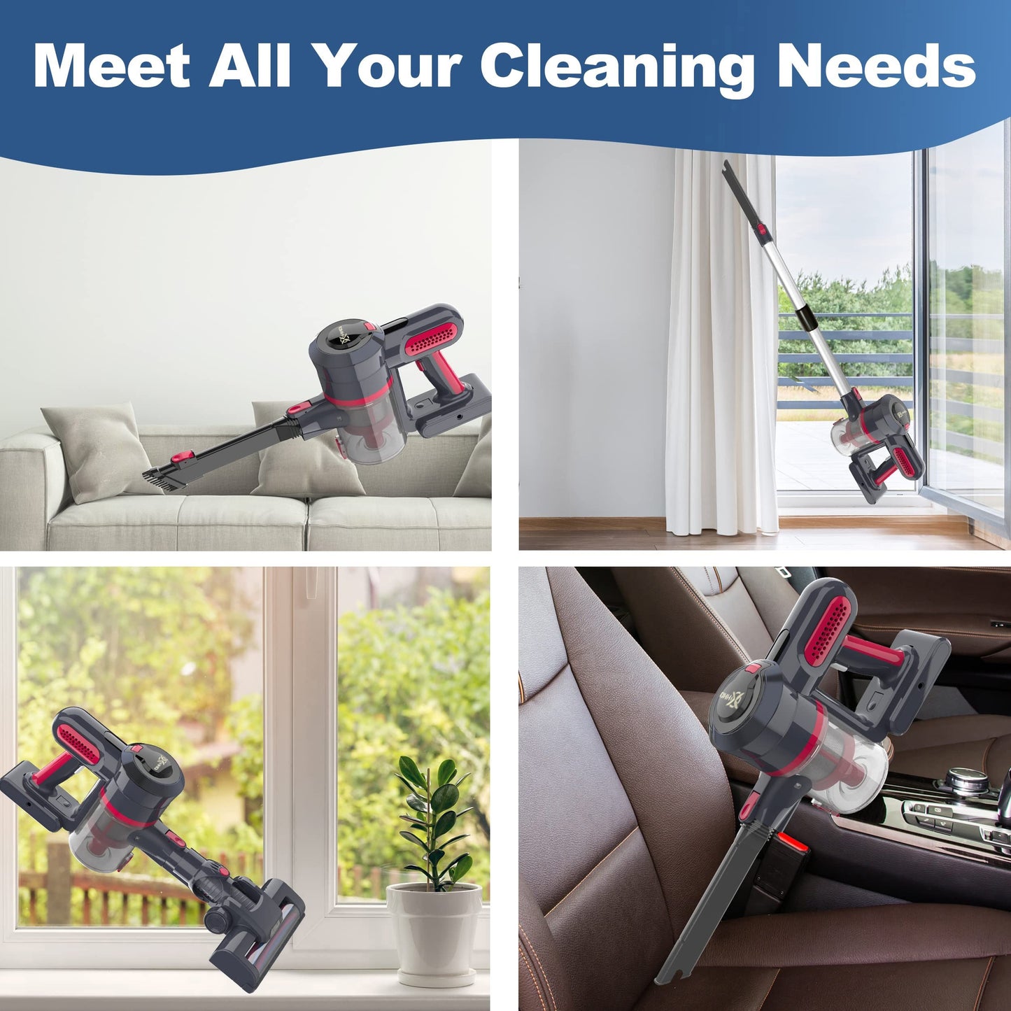 HHD Cordless Vacuum Cleaner with 250W motor, 25KPa suction power, ideal for home and car, includes accessories.