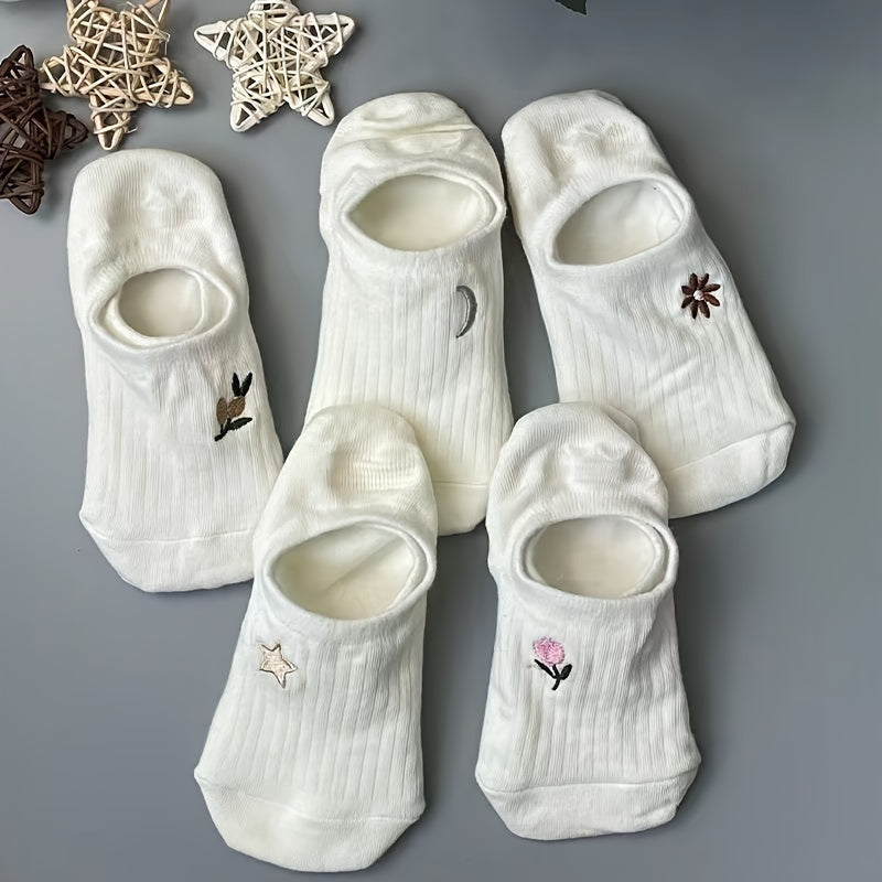 Soft and lightweight ankle socks with white stripes for kids, made of breathable polyester blend with cute animal and floral designs. Available in packs of 5, 6, or 10. Machine washable.