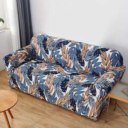 Modern printed sofa slipcover with elastic closure, made of 95% polyester and 5% spandex. Machine washable with active printing and stitched craftsmanship. Fits armchairs to sectional sofas, weighing 100-120gsm fabric.