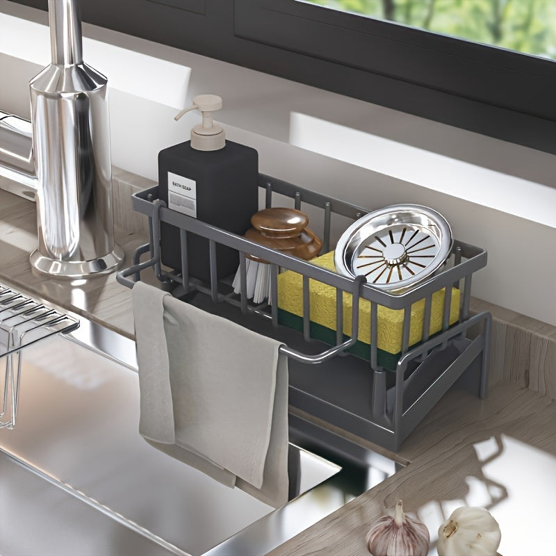 Versatile Kitchen & Bathroom Faucet Caddy with Sponge and Cloth Holder - Made of Strong Plastic, Battery-Free, Stylish Stainless Steel Appearance