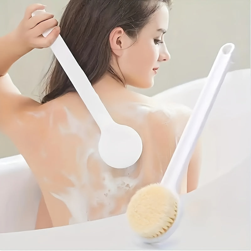 Long handle bath brush with soft bristles for exfoliating massages and cleaning.