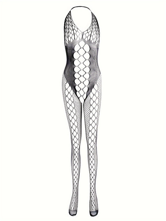 Women's sexy lingerie: Halter fishnet bodystocking with hollow out sleeveless mesh design.