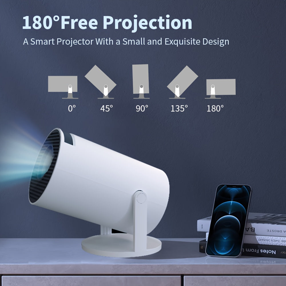 HY300PRO Mini Portable Projector with 11.0 Android Smart, 4K 1080P HD, 180° Rotation, Dual Band Wi-Fi6, 3000+ Lumen LCD, Table Mount, European Standard Plug, Internet-Ready for Home Theater