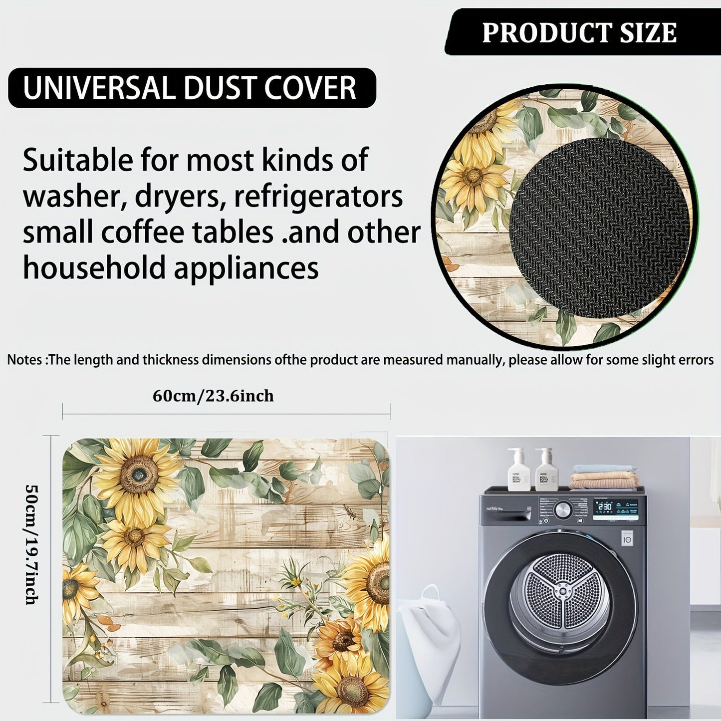 60cm x 60cm Universal Dust Cover with Sunflower Pattern - Machine Washer and Dryer Protector, Absorbent Top Cover for Washing Machines and Dryers- Perfect for Kitchen and Laundry Room Decor