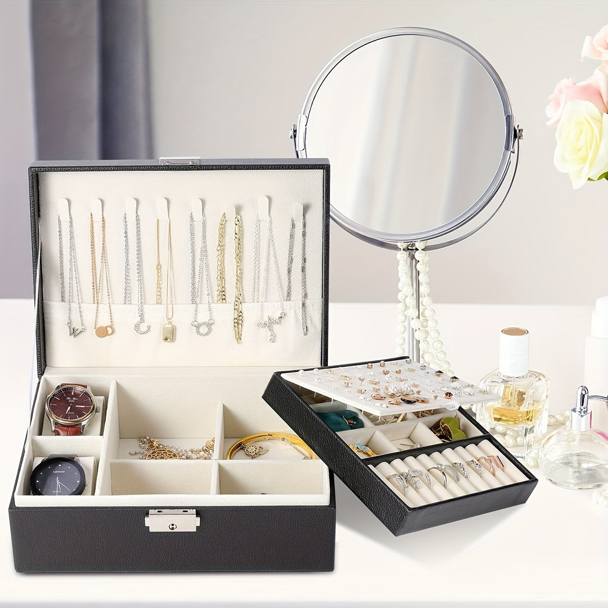 Spacious double-layer jewelry organizer box for women, ideal for storing various accessories. Great Valentine's Day gift idea.