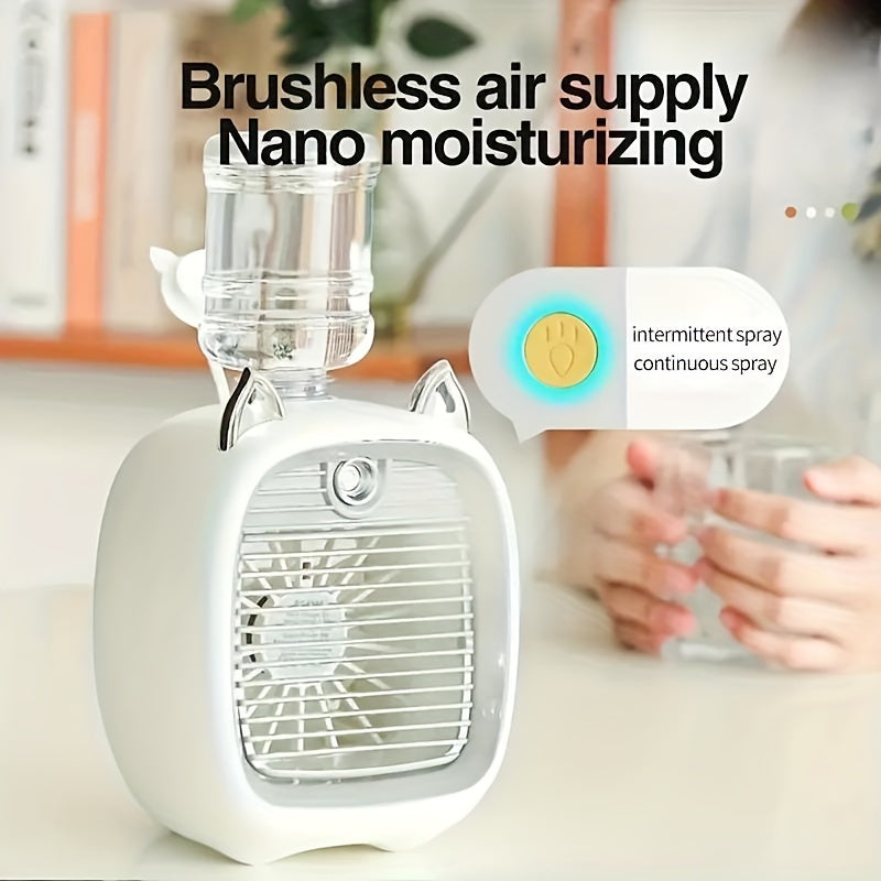 Mini air conditioning fan with USB charging and water-cooling feature, perfect for desktop use. Comes with three gears and a 1200mAh battery. Can also be used as a humidifier. Ideal as a family birthday gift for friends.