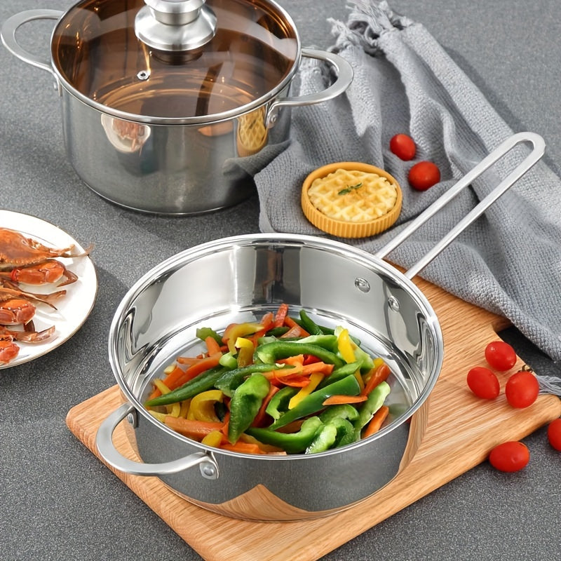 6-piece stainless steel cookware set featuring 304 premium quality, a triple-layered base, clear glass lid, and a complete kitchen cooking pots and pans set.