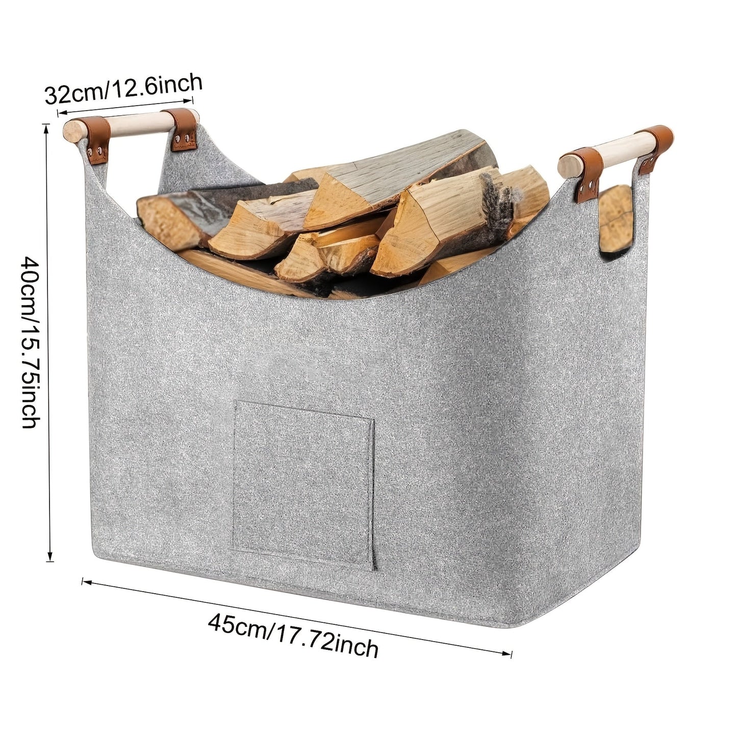 Durable PET material Large Grey Firewood Basket with Handles, Extra Thick Felt Wood Storage, Wall-Mounted Firewood Holder for Fireplace, 36kg/46L Capacity, Dimensions 45x40x32cm