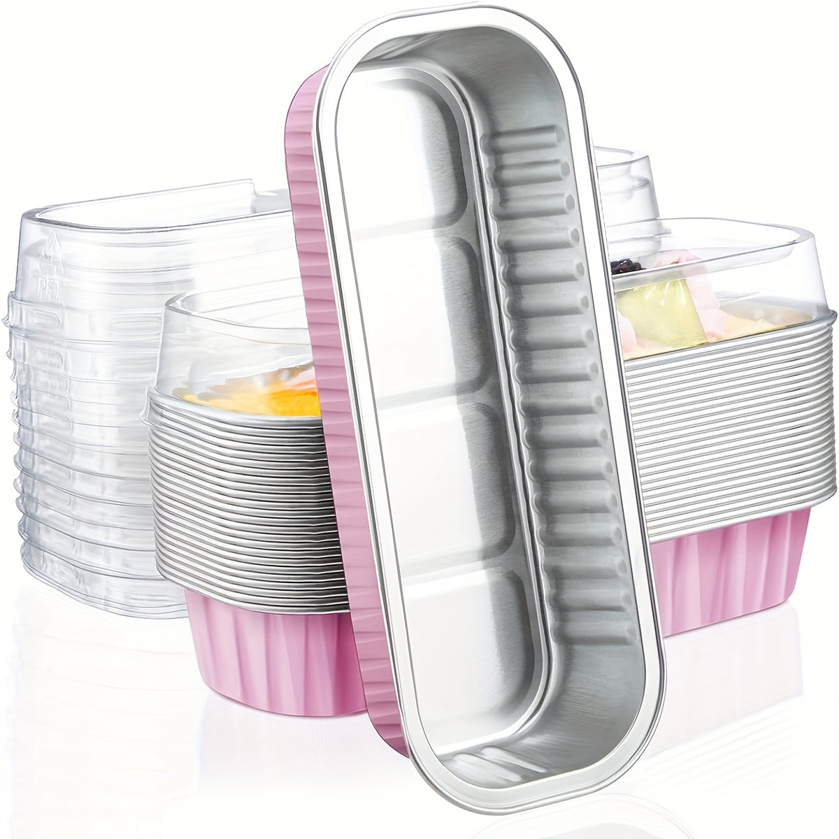 This package includes 10 mini loaf pans made of aluminum foil, each with a transparent lid. Each pan measures 16.51 cm by 6.35 cm by 3.05 cm, making them ideal for baking mini cakes and cupcakes. Available in black, pink, and golden colors.